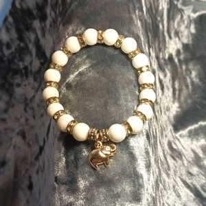 Handcrafted, semi-precious beads, elephant charm, rhinestones, stretch bracelet